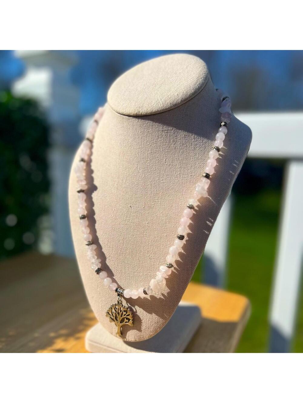 Rose Quartz Beaded Necklace Tree of Life Pendant Pink Gemstone Boho Jewelry